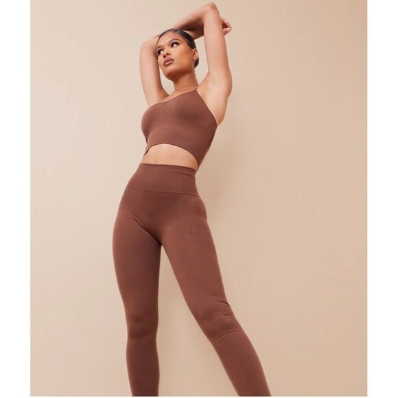 ~NWT PLT~ Seamless High Waist Gym Leggings Dark Brown Sz M Womens Activewear - Picture 1 of 7